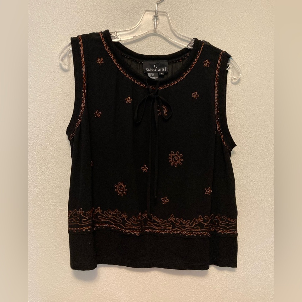 Carole Little Black Top with Brown Embroidery